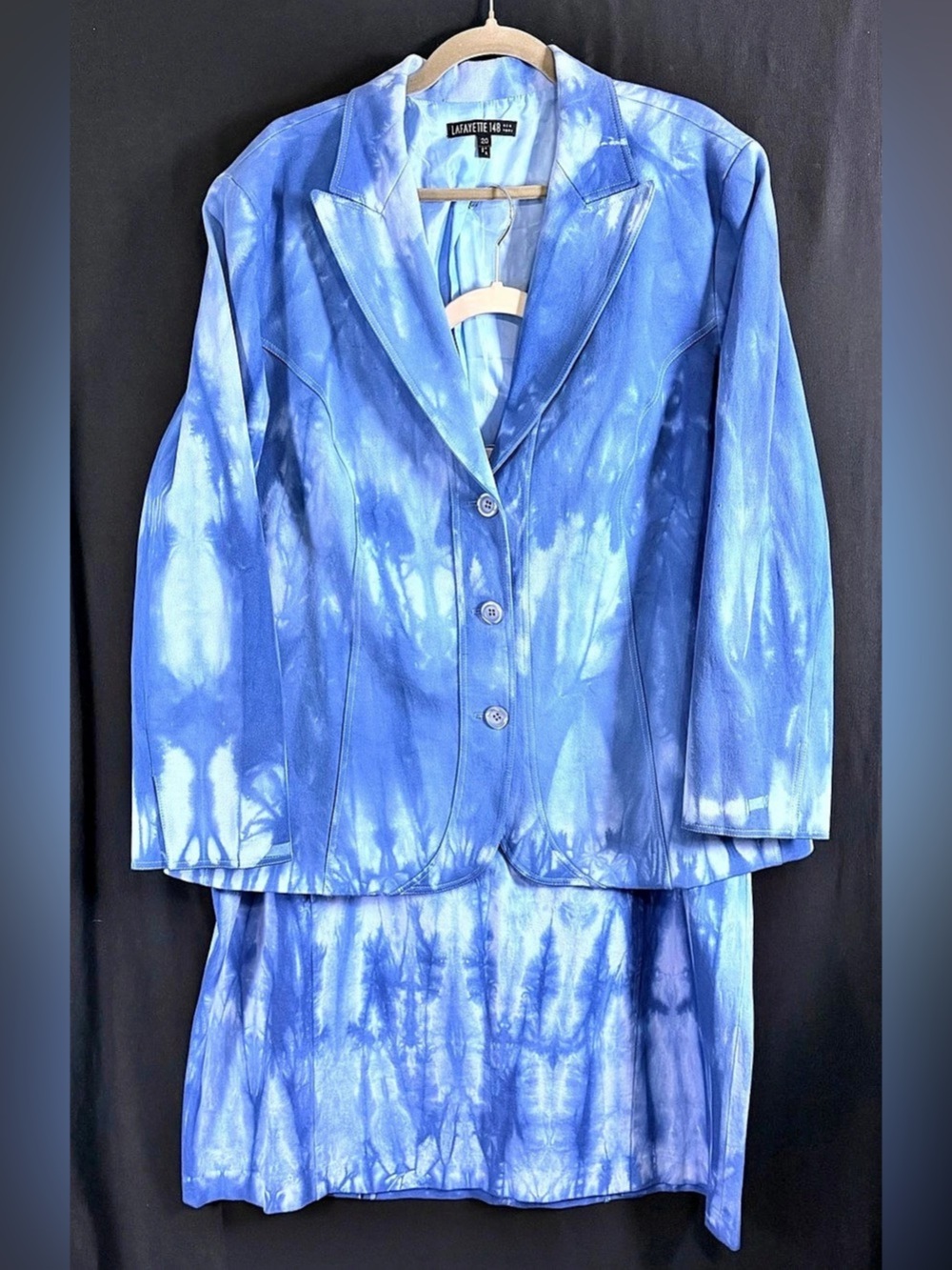 Lafayette 148 New York Blue Tie-Dye Blazer Skirt Suit Size 20 Like New Stretch